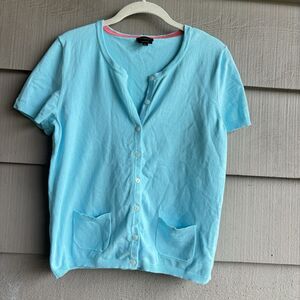 Talbots Women’s M Aqua Blue Pima Cotton Short Sleeve Cardigan Pockets